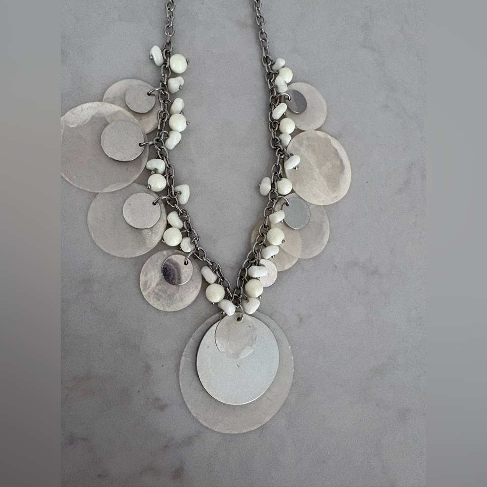 Cookie Lee Capiz Shell Disc Necklace Beaded Silver Chain, Adjustable